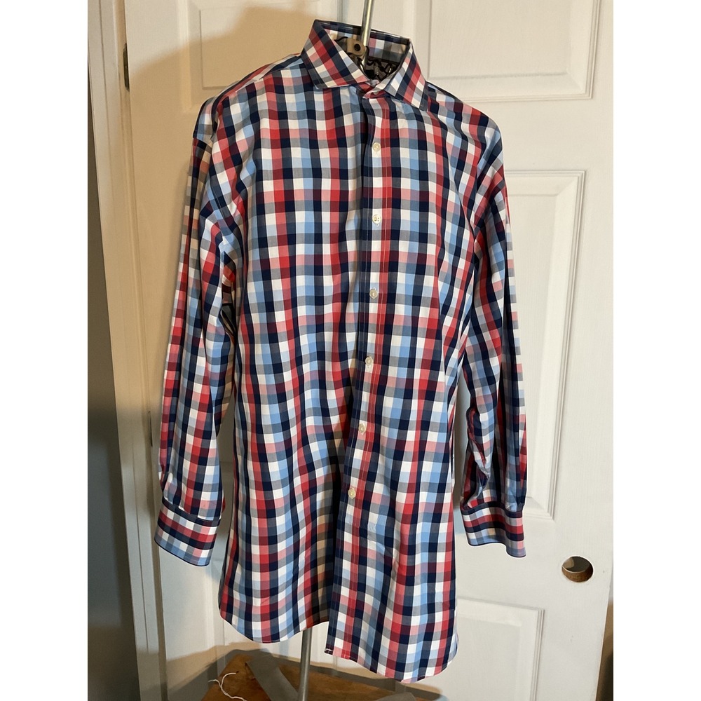 Tommy Hilfiger Mens Dress Shirt 17 32-33 Regular Fit Red Blue White Check Plaid